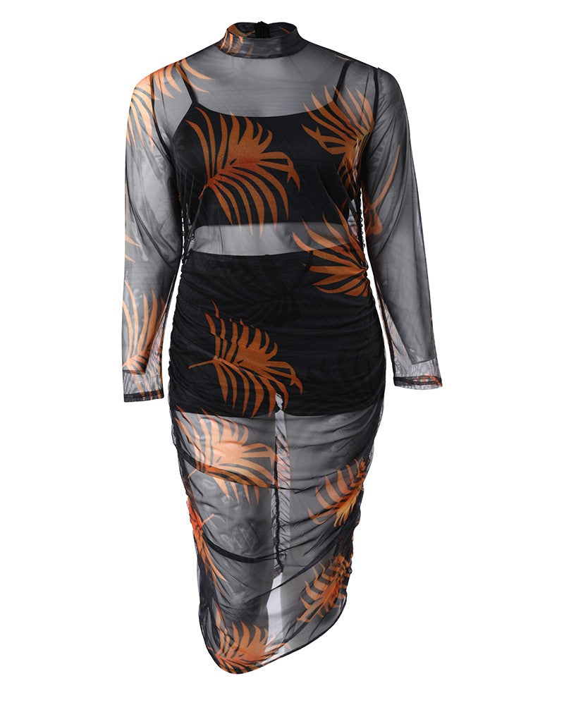 Plus Size 3PCS Crop Top & Shorts Set With Hollow Out Mesh Dress