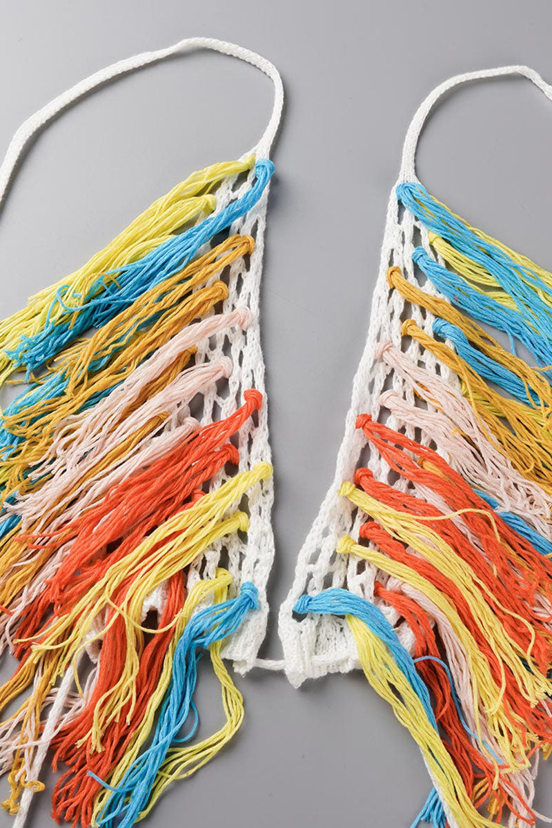 Sexy Tassel Patchwork Halter Sleeveless Two Pieces (W21)