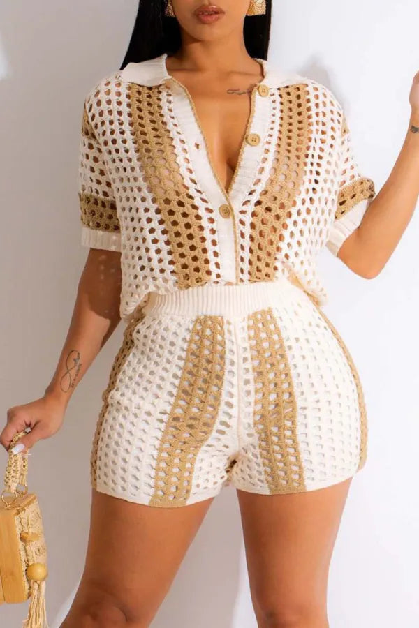 Sexy Hollowed Out Patchwork Buckle Turndown Collar Short Sleeve Two Pieces (W21)