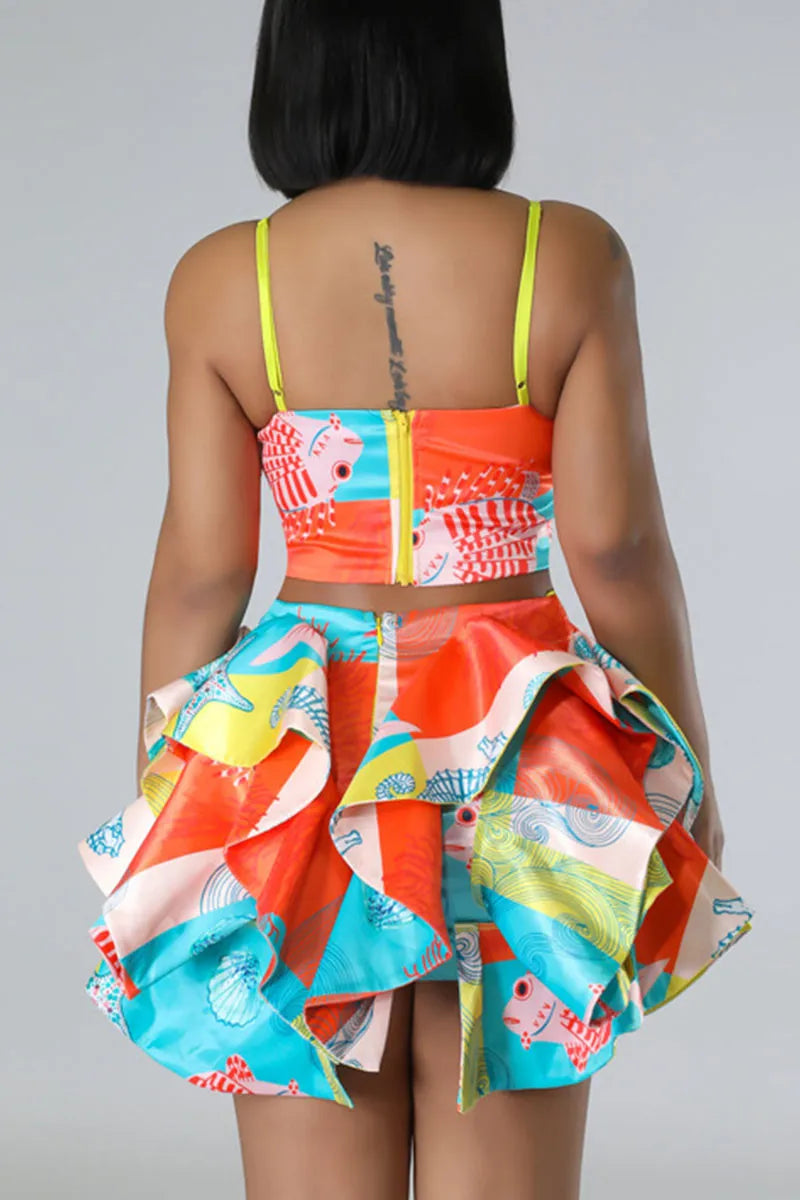 Colour Sexy Print Sequins Patchwork Flounce Spaghetti Strap Sleeveless Two Pieces (W21)