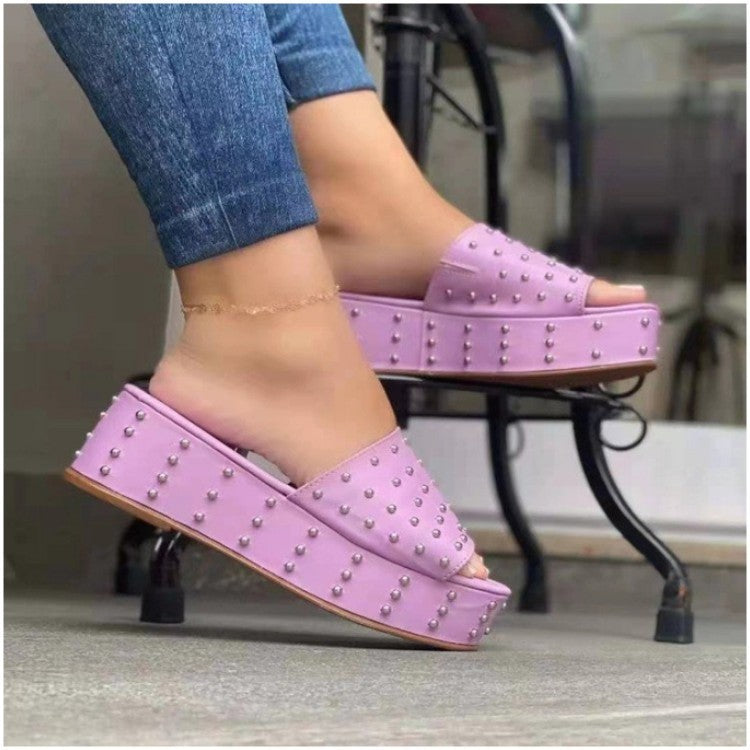 Women Rivet Slippers Summer High Heel Plats Shoes Peep-toe Beach Shoes - Oh, That's Cute!