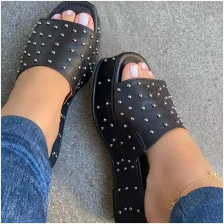 Women Rivet Slippers Summer High Heel Plats Shoes Peep-toe Beach Shoes - Oh, That's Cute!