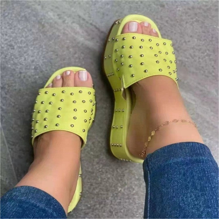 Women Rivet Slippers Summer High Heel Plats Shoes Peep-toe Beach Shoes - Oh, That's Cute!