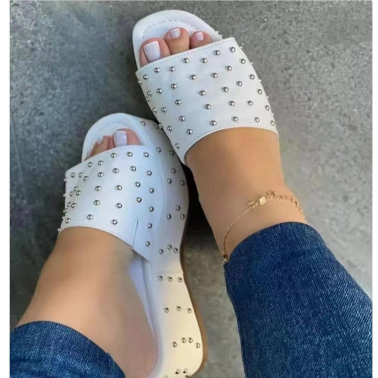 Women Rivet Slippers Summer High Heel Plats Shoes Peep-toe Beach Shoes - Oh, That's Cute!