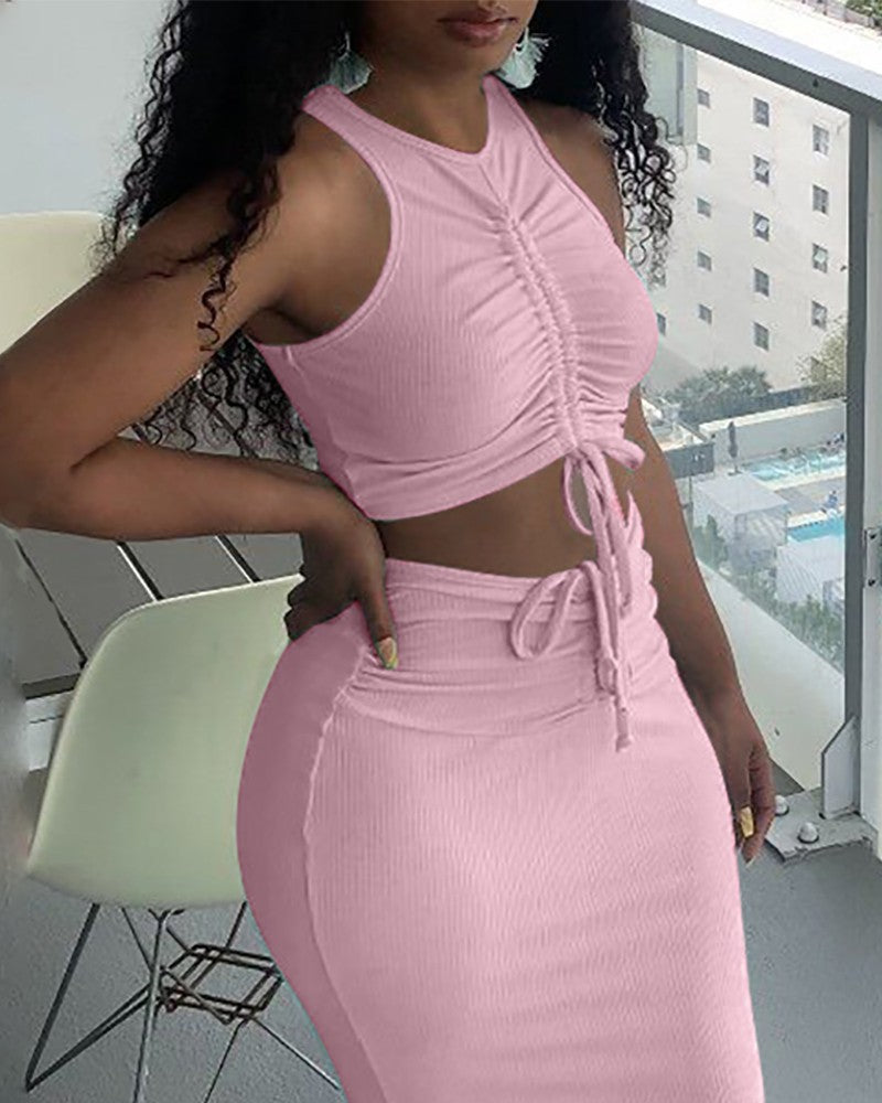 Ribbed Drawstring Sleeveless Top & Maxi Skirt Set