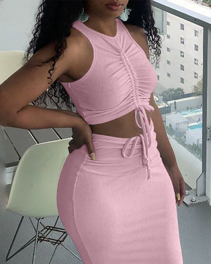 Ribbed Drawstring Sleeveless Top & Maxi Skirt Set