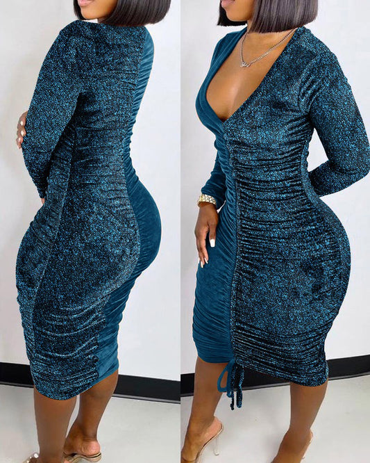 Snakeskin Print Drawstring Ruched Bodycon Dress