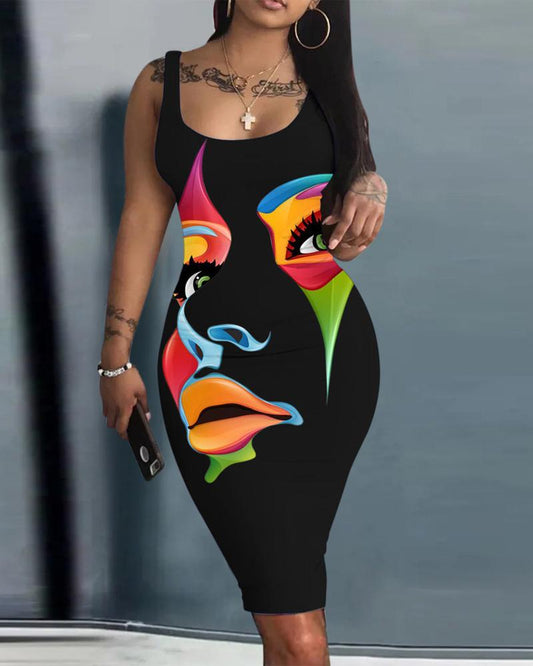 Abstract Figure Print Sleeveless U-Neck Bodycon Dress