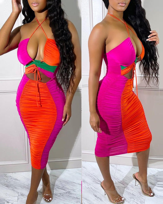 Colorblock Cutout Ruched Halter Bodycon Dress