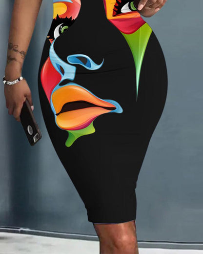 Abstract Figure Print Sleeveless U-Neck Bodycon Dress