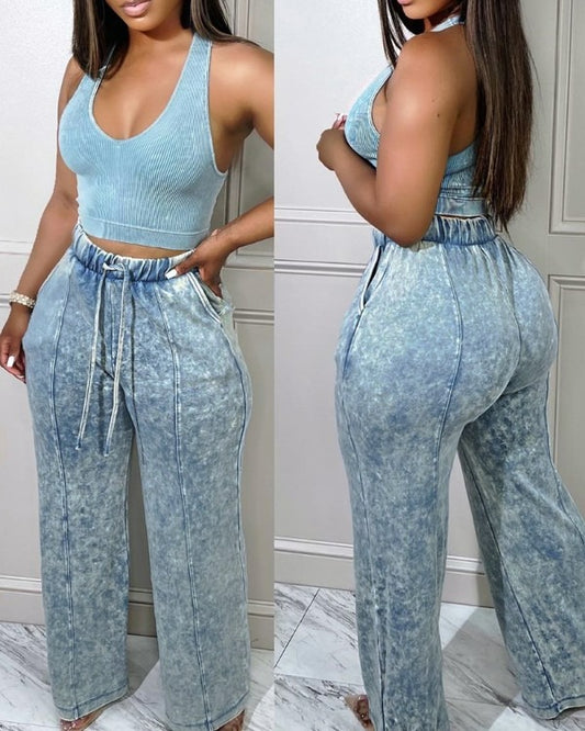 High Waist Pocket Decor Washed Pants (B)