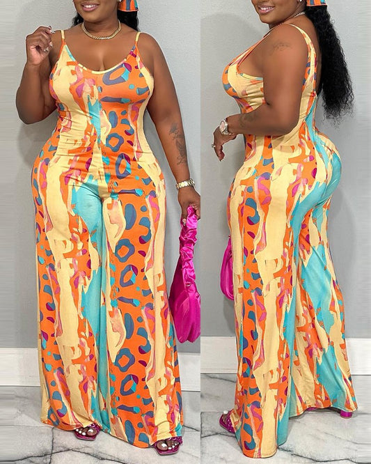 Plus Size Leopard Ink Splash Print V-Neck Wide Leg Jumpsuit