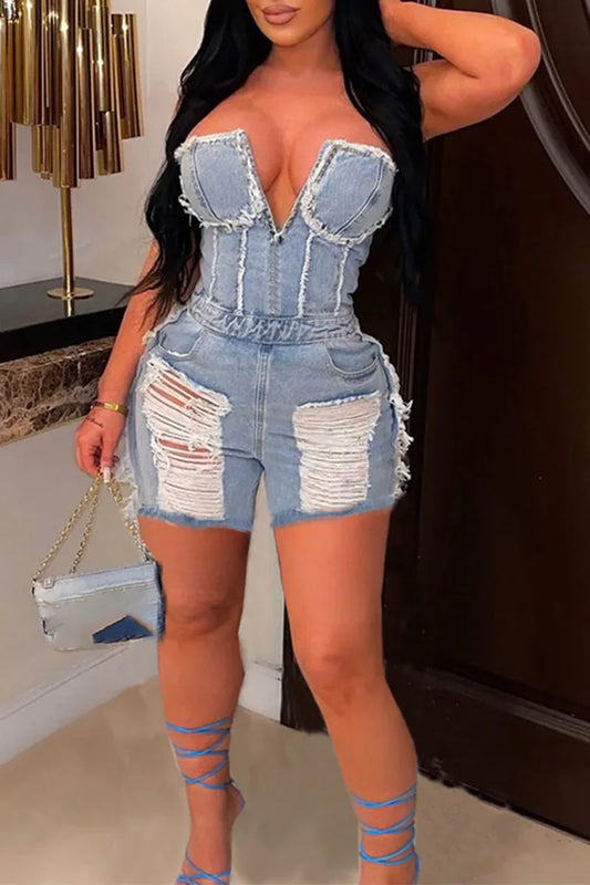 Blue Sexy Casual Street Solid Ripped Pocket Backless Strapless Sleeveless Regular Denim Jumpsuits (W21)(W21)