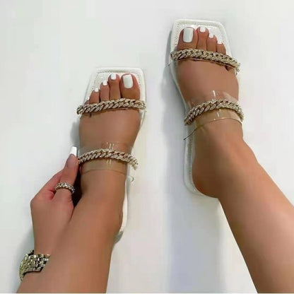 Transparent Strap Sexy Metal Chain Flat Slippers - Oh, That's Cute!