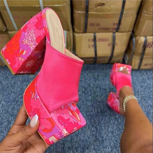 Summer Printing Shoes Square Tooe High Heel Sandals Woemen