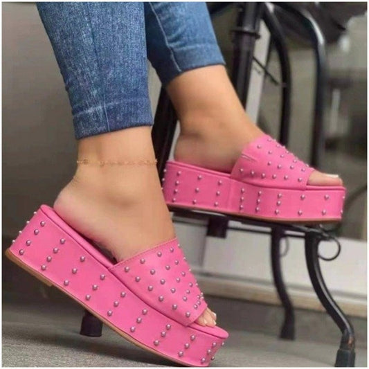 Women Rivet Slippers Summer High Heel Plats Shoes Peep-toe Beach Shoes - Oh, That's Cute!