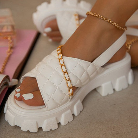 One Word Buckle With Thick Bottom Chain Decorated With Leaky Toe Cross Small Fragrance Diamond Plaid Beach Sandals